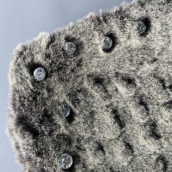 VINTAGE Grey Black Textured Faux Fur Rhinestone Scarf - Picture 2 of 3